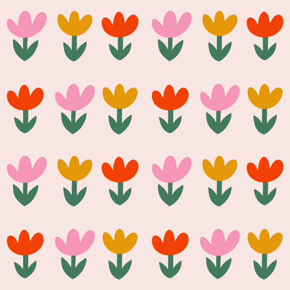 Symmetrical repeat shot: Rows of pink, mustard and coral tulips forming a graphic border across the wall