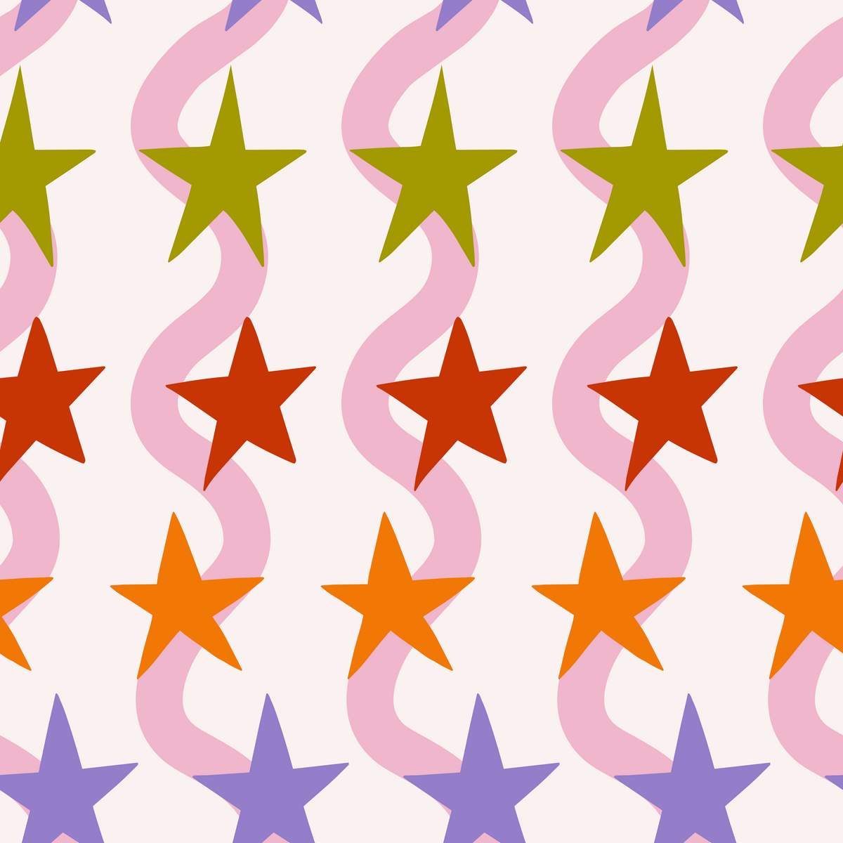 Detail image focused on a staggered row of lavender and orange stars over the pink ribbon repeat against the blush field