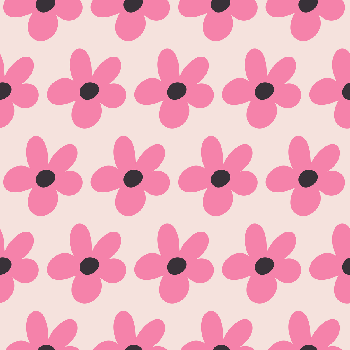 Edge-to-edge repeat of the graphic five-petal blooms emphasizing the slightly hand-drawn shapes