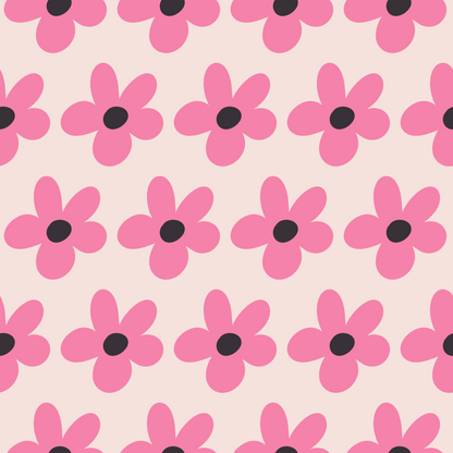 Edge-to-edge repeat of the graphic five-petal blooms emphasizing the slightly hand-drawn shapes