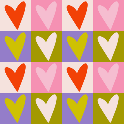 Full-art original showing the full repeat of oversized hearts in alternating pink, orange, chartreuse, olive, and lavender blocks.