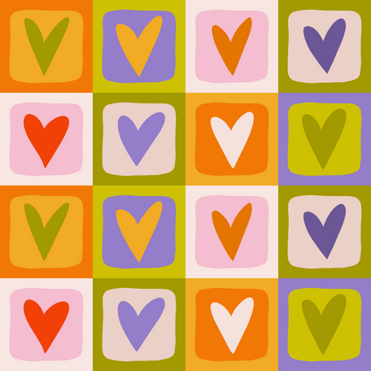 Playful installation view with multiple rows of heart tiles showing the repeat and color alternation across a full wall