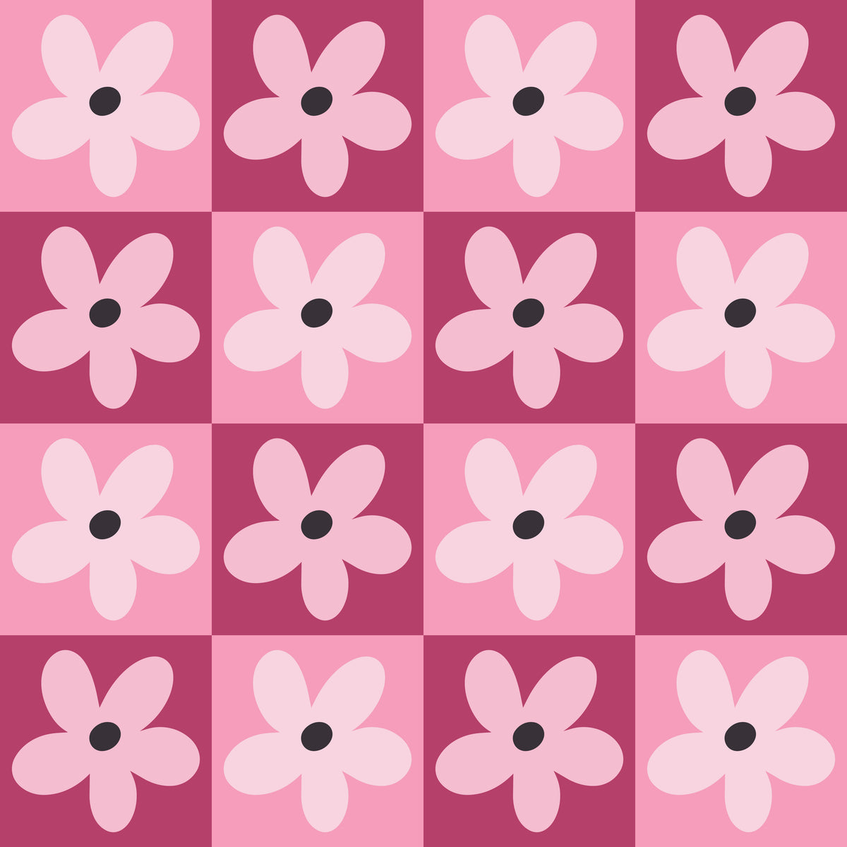 Detail of alternating mid-pink and deep-rose squares with soft blush petals and dark circular centers.