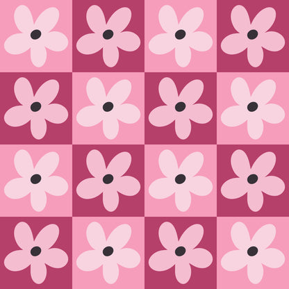 Detail of alternating mid-pink and deep-rose squares with soft blush petals and dark circular centers.