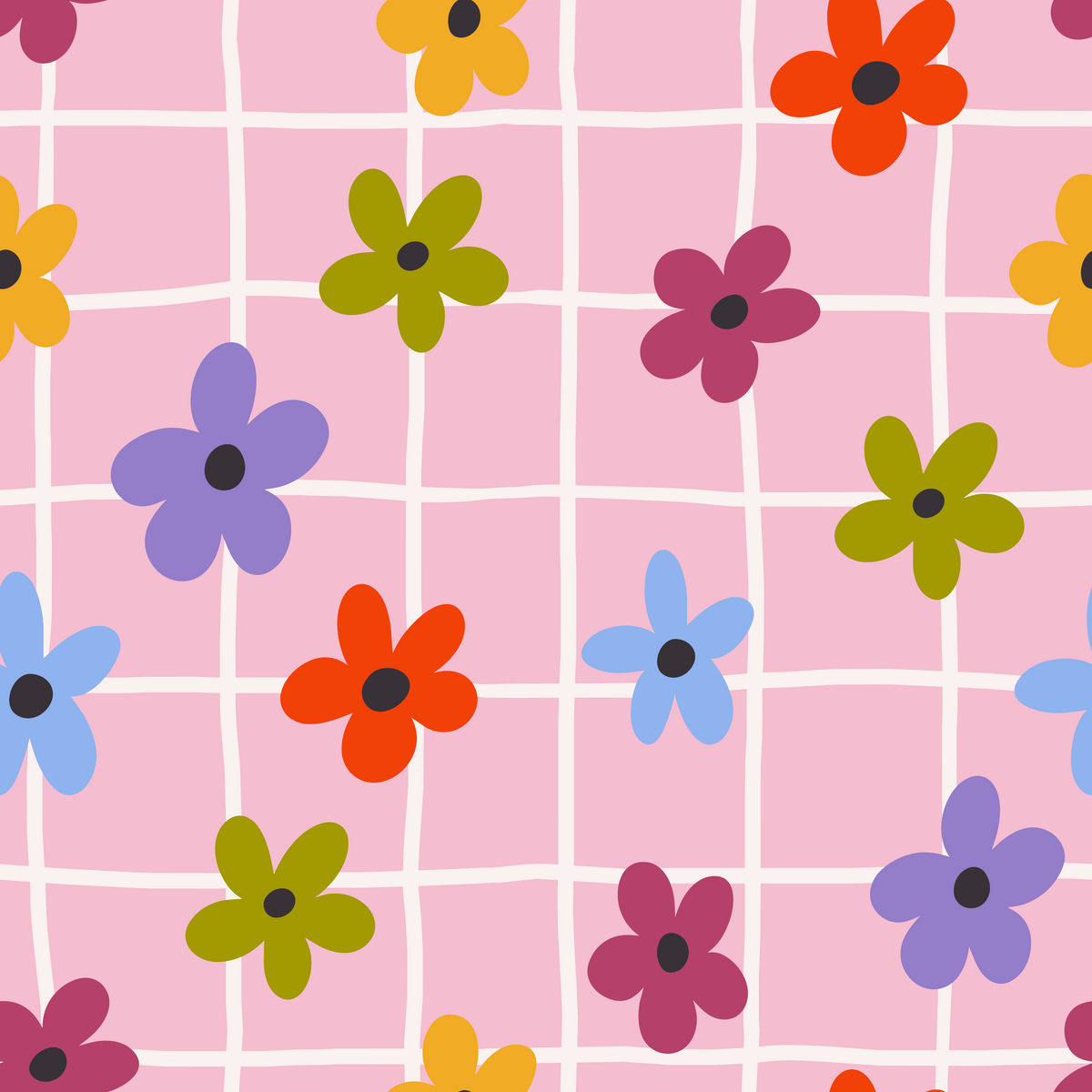 Pattern repeat overview on a blush background with evenly spaced hand-drawn flowers, ideal for bedrooms, nurseries and powder rooms.