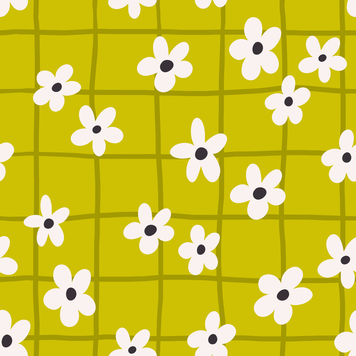 Living room full-wall installation: chartreuse wallpaper with olive grid and cream daisies behind a neutral linen sofa