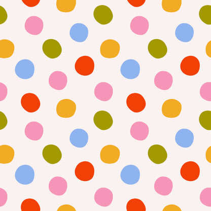 Wide repeat showing the dot pattern across a continuous wall, illustrating overall rhythm and color balance