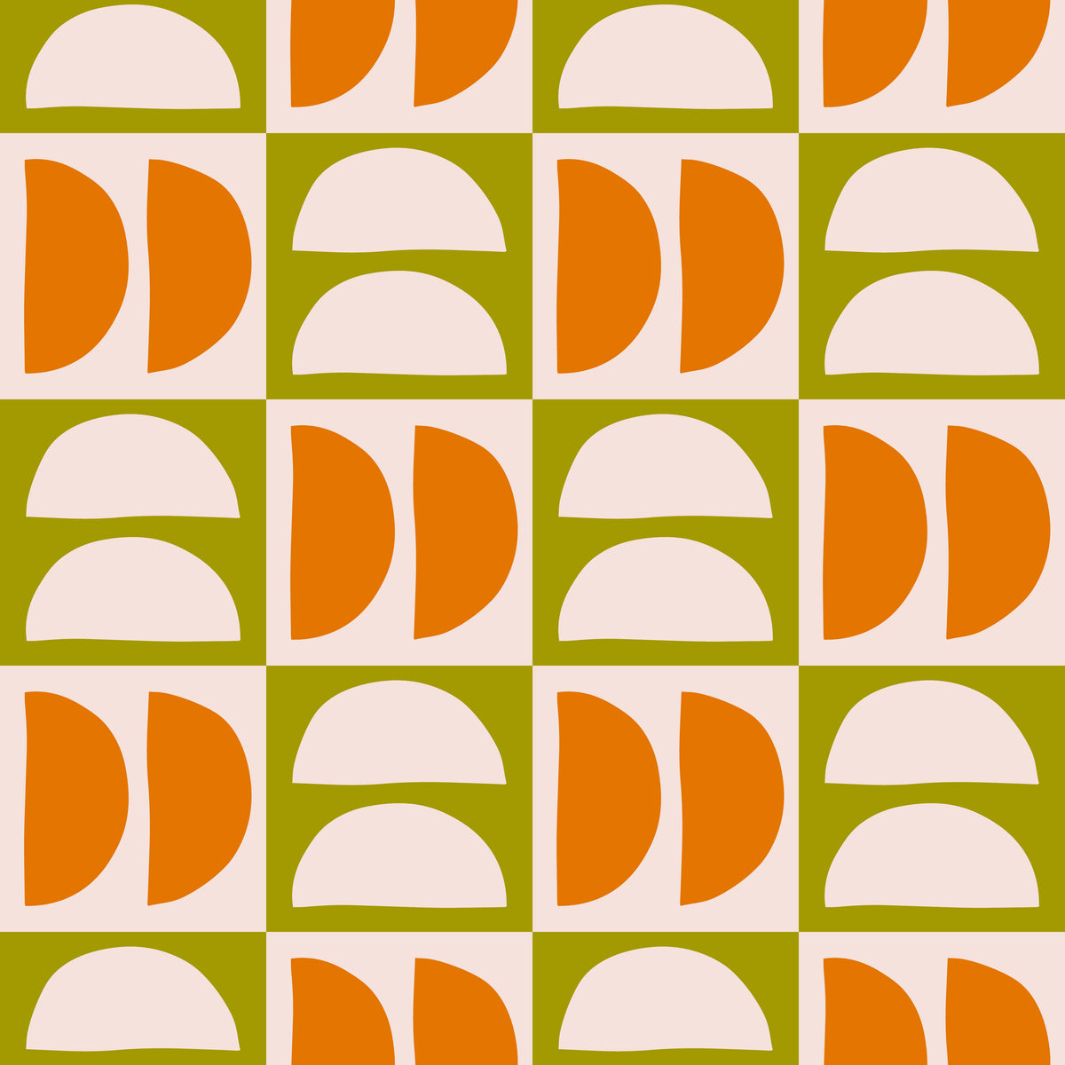 Tight repeat detail highlighting the hand-drawn edges of the semicircles and the olive, tangerine, and blush color trio.