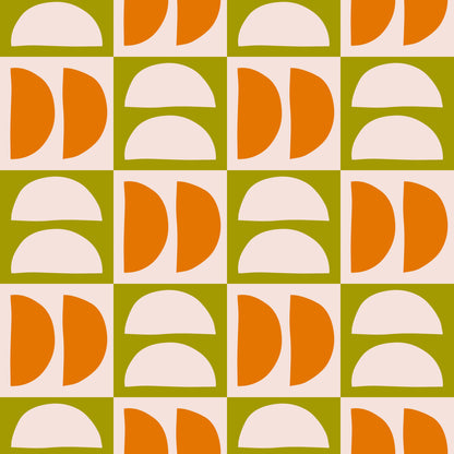 Tight repeat detail highlighting the hand-drawn edges of the semicircles and the olive, tangerine, and blush color trio.