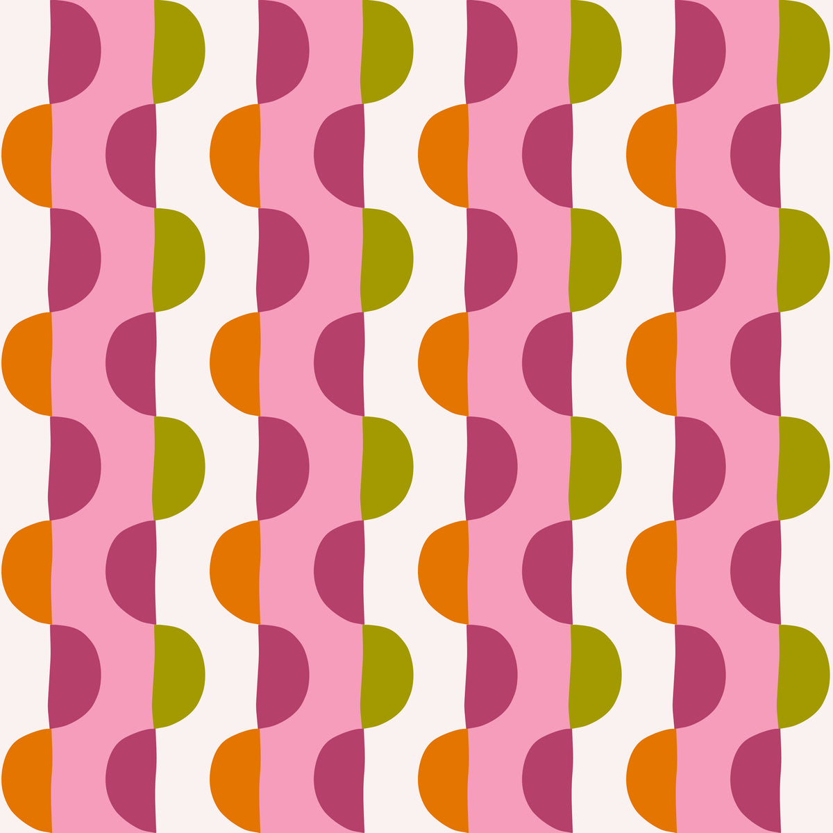 Portrait-style shot of a person posed in front of Blossom Arc Stripe wallpaper to show human scale and how the pattern reads at eye level