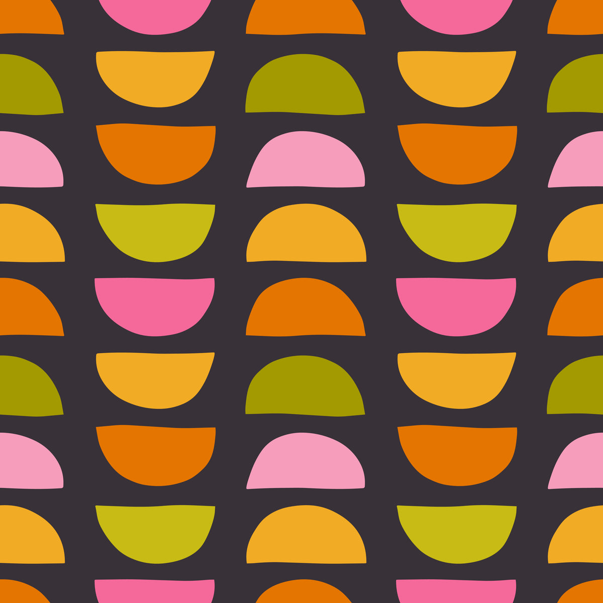 Graphic swatch view of the Half‑Moon Chorus repeat tile, evenly spaced semicircles forming rows on a deep charcoal field.