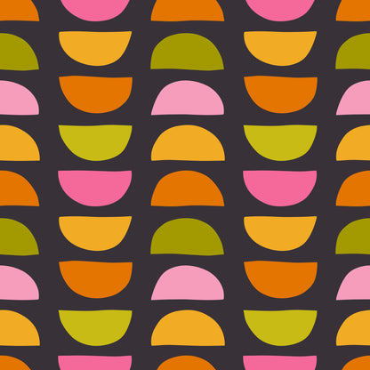 Graphic swatch view of the Half‑Moon Chorus repeat tile, evenly spaced semicircles forming rows on a deep charcoal field.