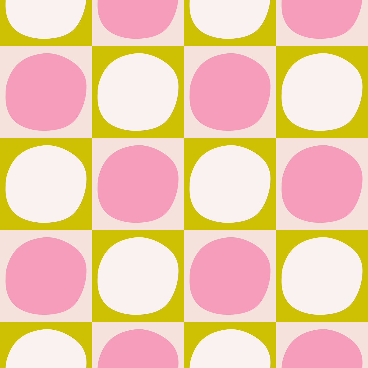 Wide interior mockup of the wallpaper scaled to show the rhythmic checkerboard effect in a neutral room.