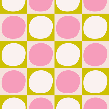 Wide interior mockup of the wallpaper scaled to show the rhythmic checkerboard effect in a neutral room.