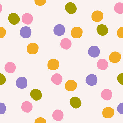Full-wall installation sample showing evenly spaced, medium-scale dots in a playful, colorful repeat