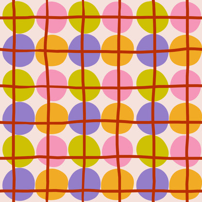 Pattern tile sample across a broad field to show repeat, scale and the palette of rose pink, chartreuse lime, lilac, tangerine and rust.
