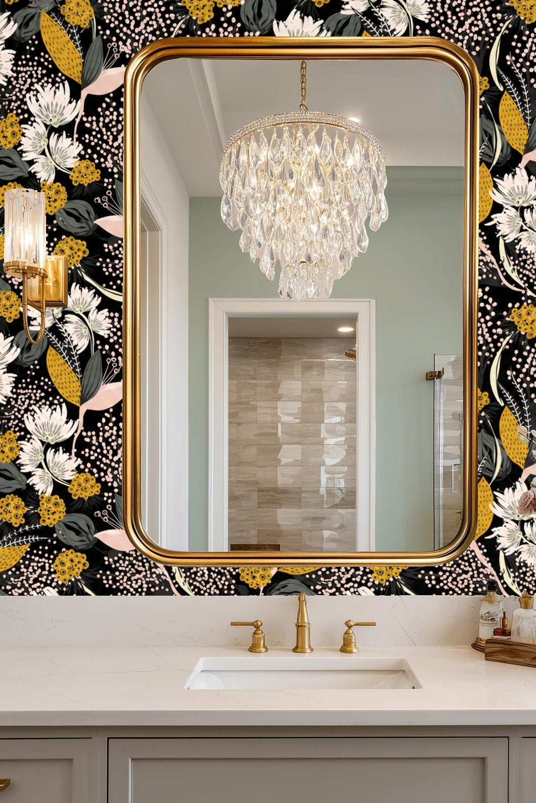 Side view of mustard-yellow flower buds and delicate pink petals on wallpaper.