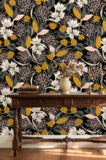 Yellow flower clusters punctuating the design’s dark backdrop evenly spread.