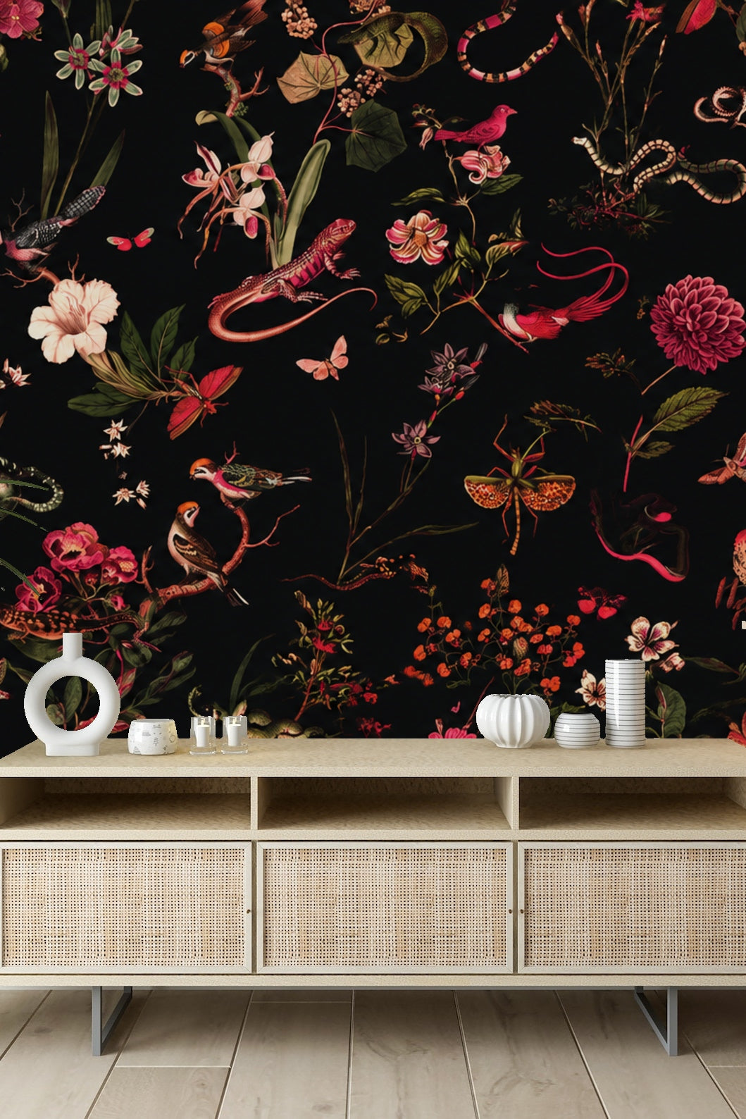 Dark Garden Fauna wallpaper shown in an interior setting
