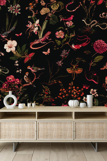 Dark Garden Fauna wallpaper shown in an interior setting