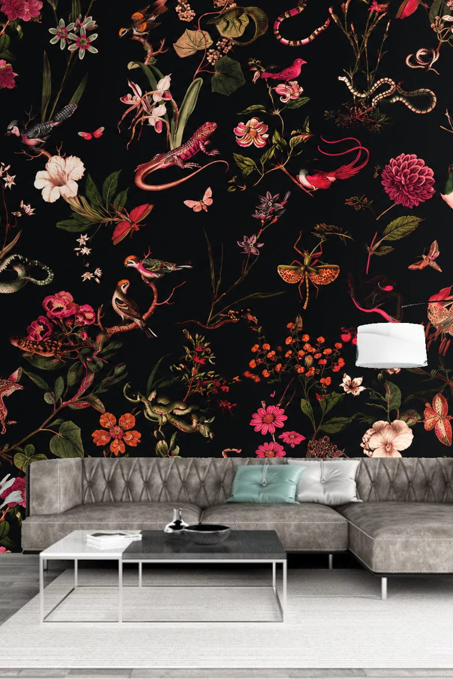 Dark Garden Fauna wallpaper shown in an interior setting