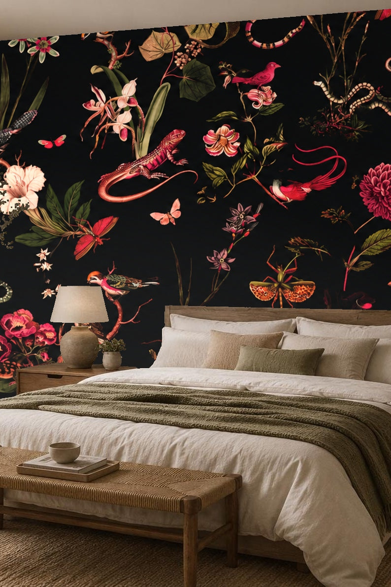 Detailed view of vintage Chinoiserie fauna and floral wallpaper on black ground