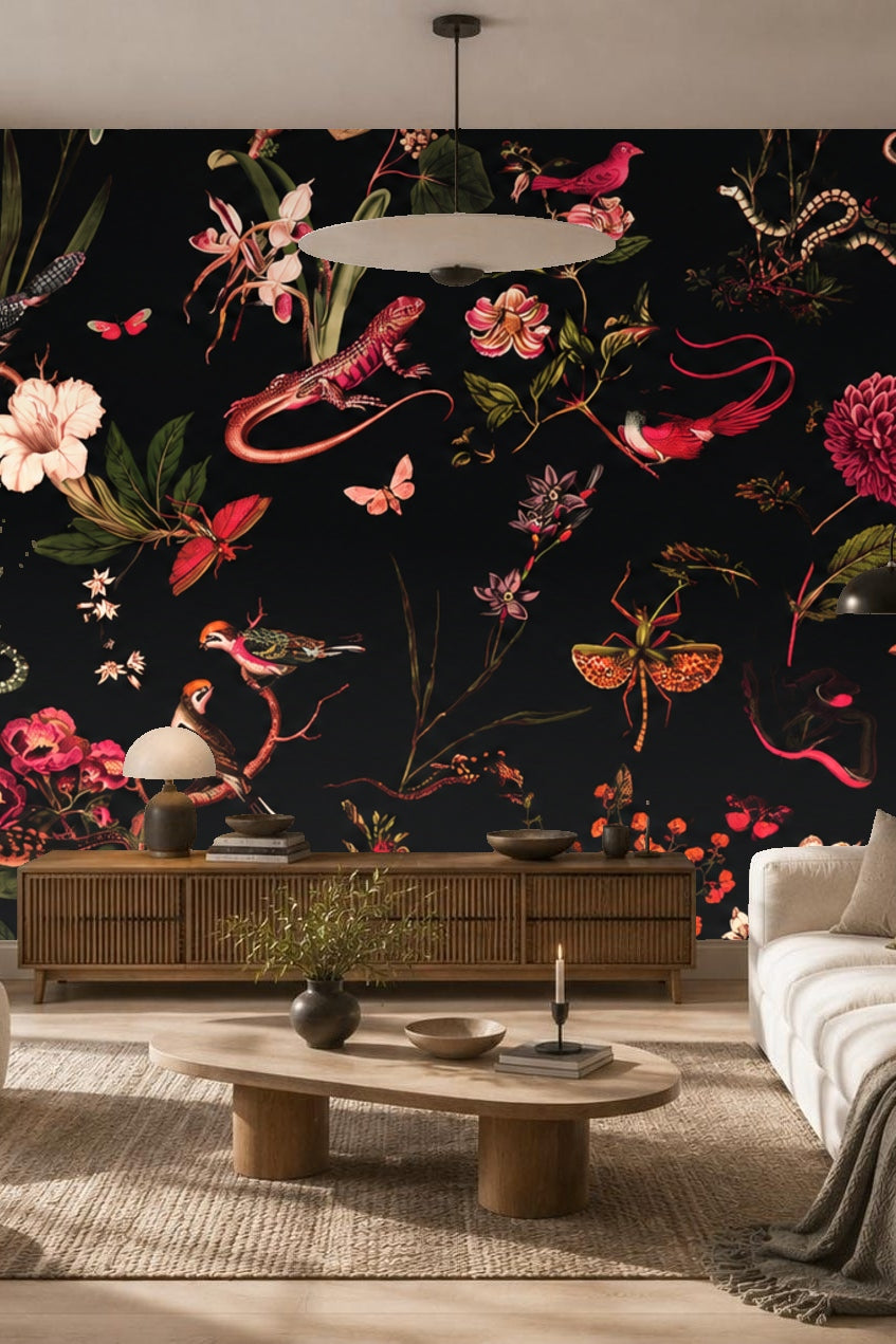 Dark Garden Fauna wallpaper shown in an interior setting