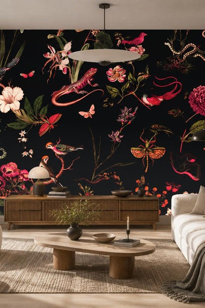 Dark Garden Fauna wallpaper shown in an interior setting