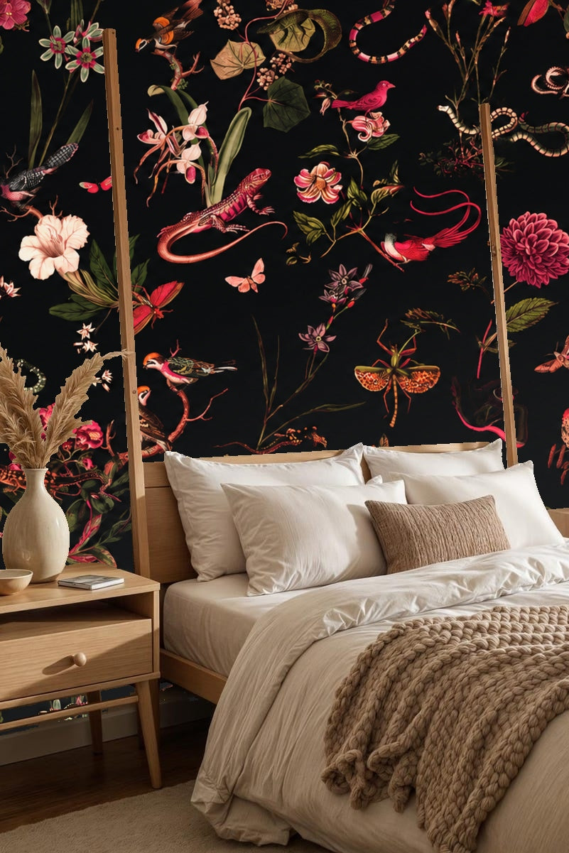 Dark Garden Fauna wallpaper shown in an interior setting