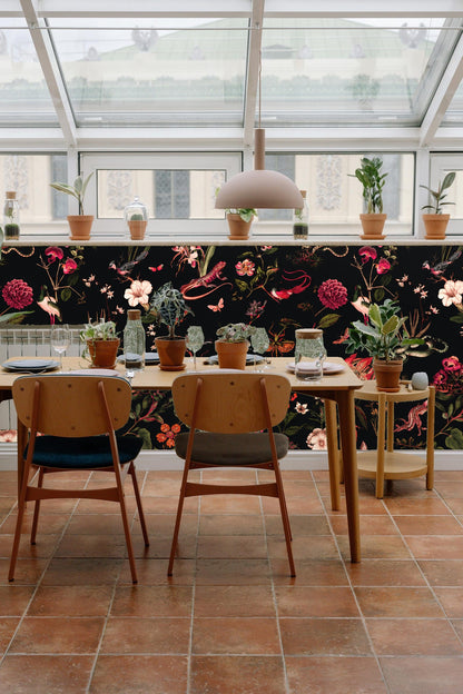 Dark Garden Fauna wallpaper shown in an interior setting