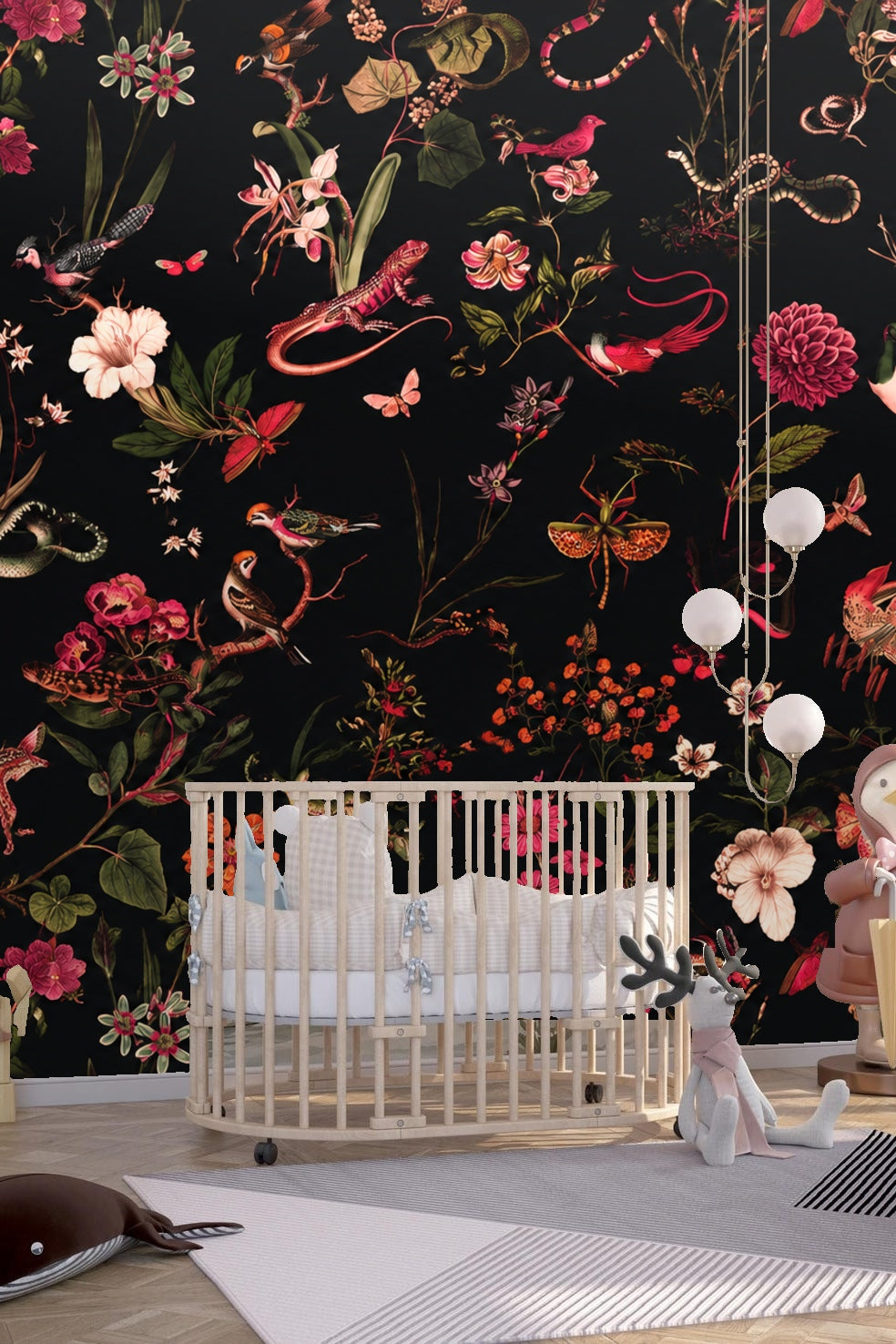 Dark Garden Fauna wallpaper shown in an interior setting