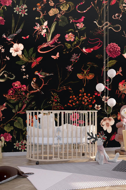 Dark Garden Fauna wallpaper shown in an interior setting