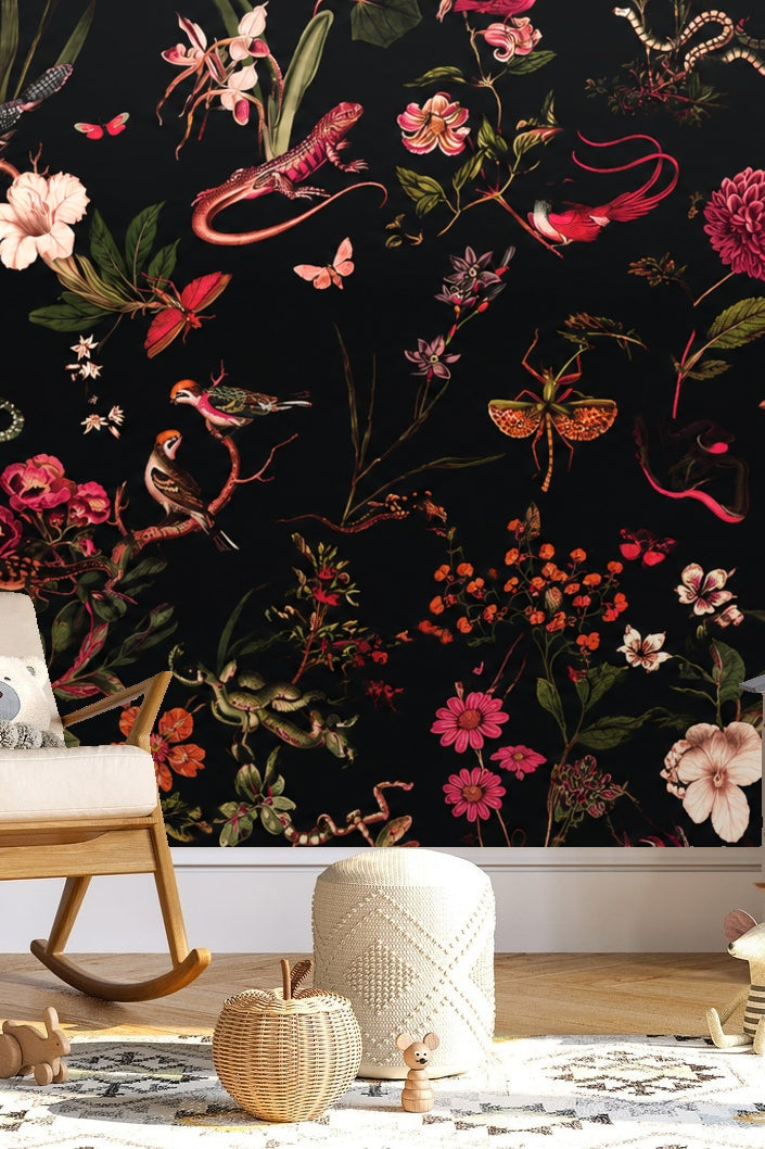 Children's room featuring wallpaper with dark botanical and exotic wildlife pattern