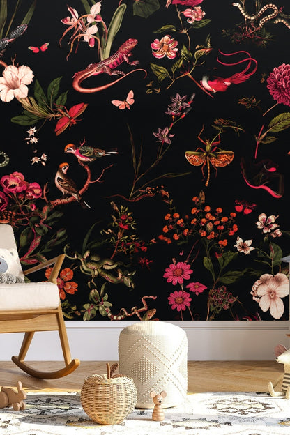 Children's room featuring wallpaper with dark botanical and exotic wildlife pattern