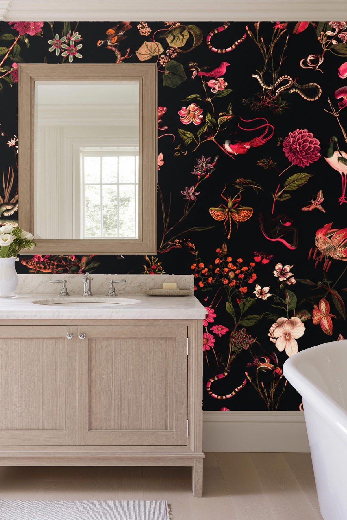 Dark Garden Fauna wallpaper shown in an interior setting