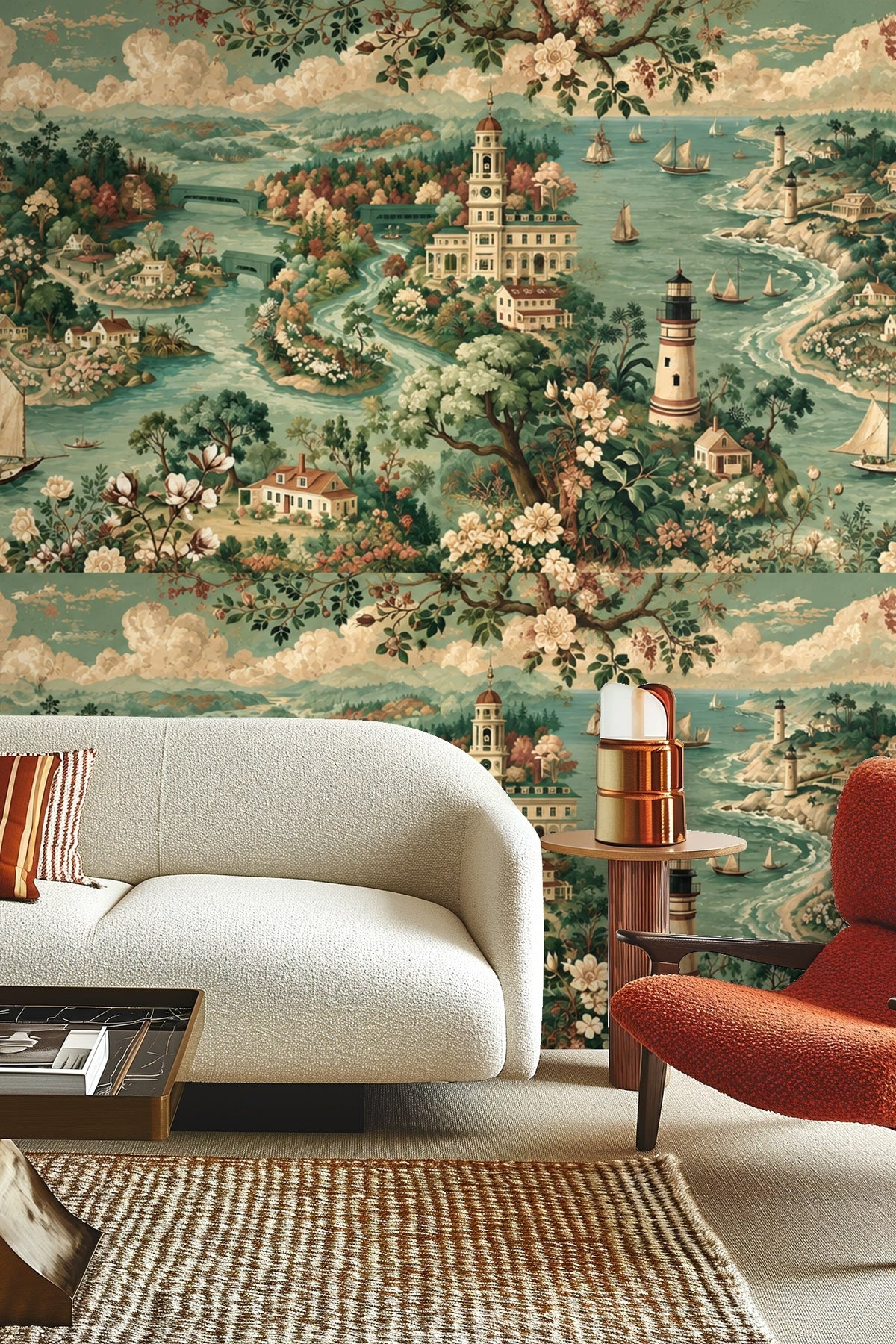 Vintage Coastal Harbor Toile Wallpaper full pattern detail
